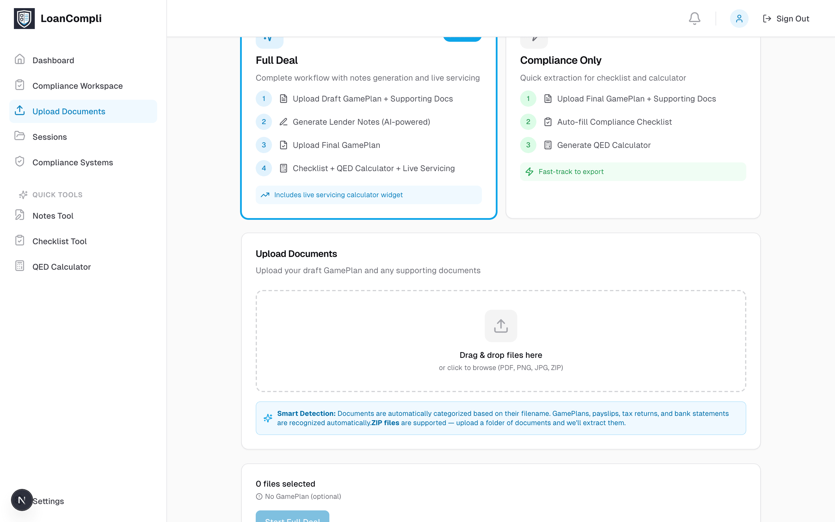 The upload screen, offering a full-deal workflow and a compliance-only one, with the steps each covers.